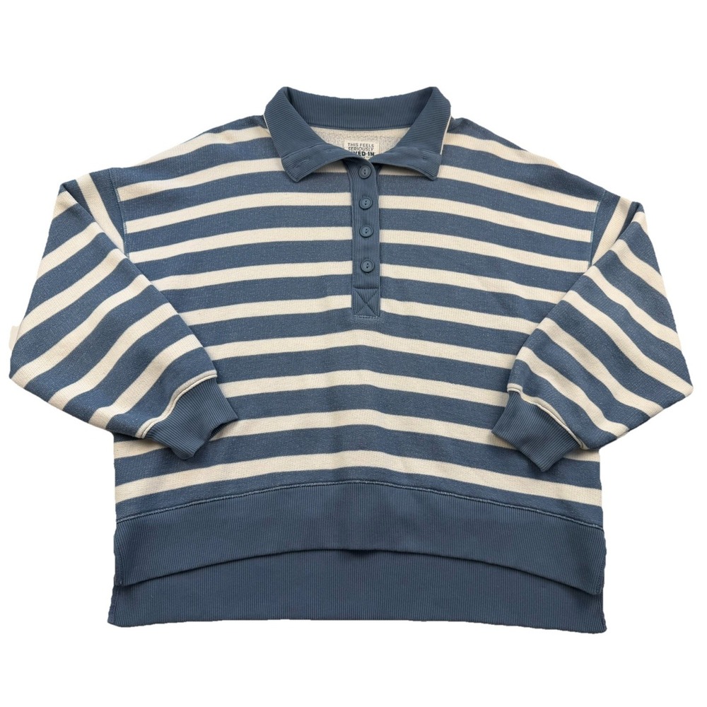 American Eagle Seriously Lived-In Henley Sweatshirt Women's Sz S Blue Striped